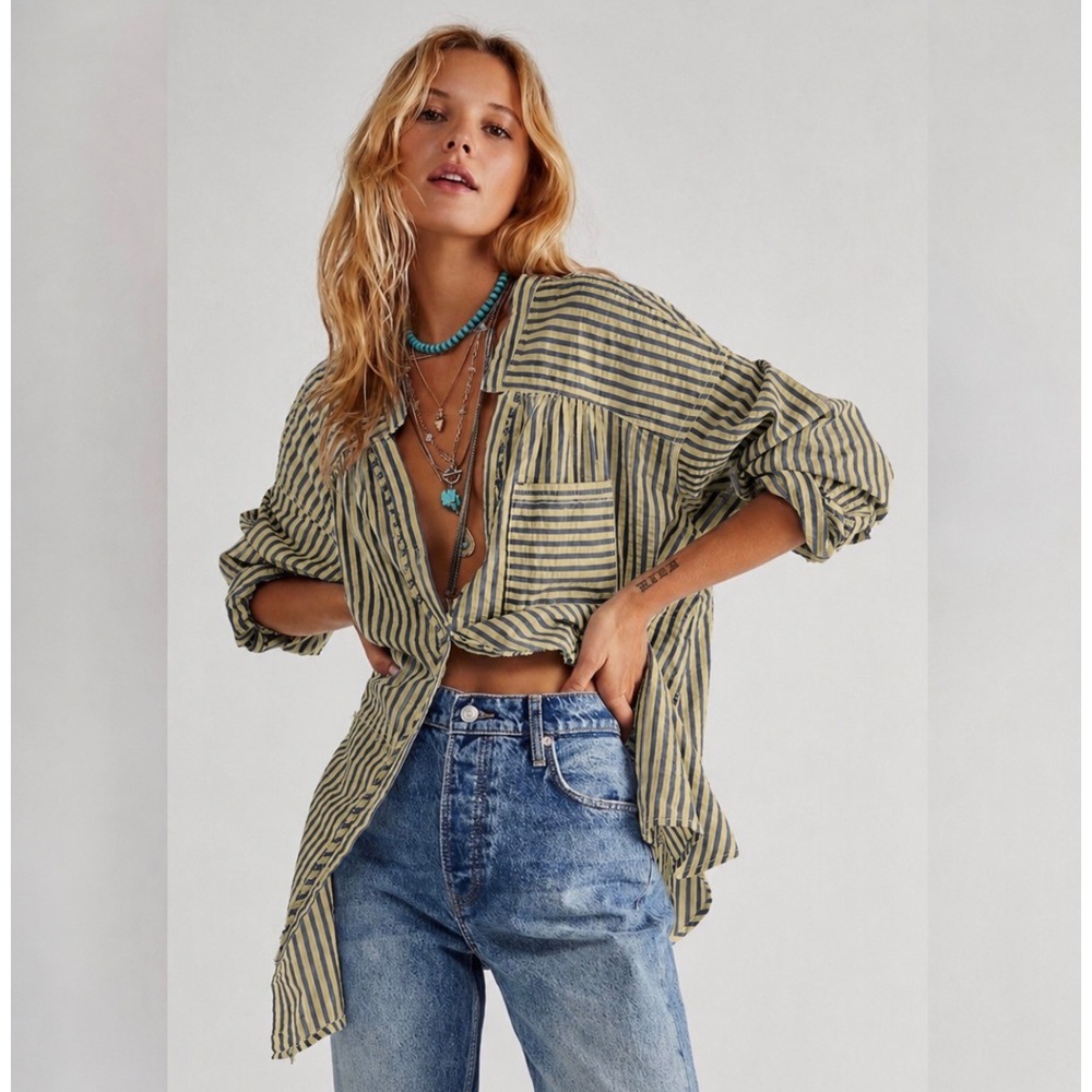 We‎ The Free Free People One Of The Boys Seersucker Striped Oversized Top Medium